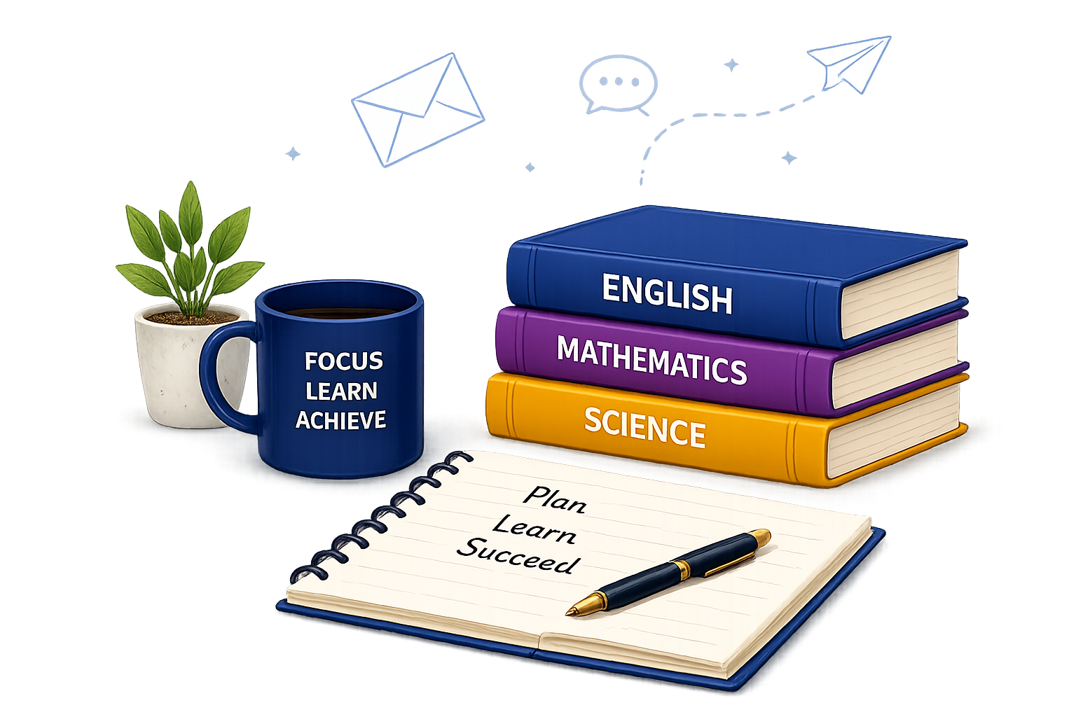 Study materials arranged on a desk for a tutoring session