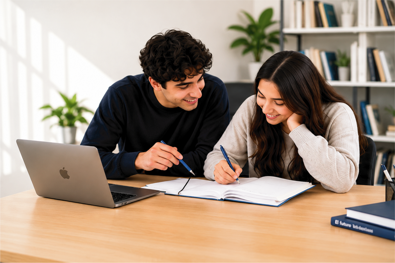 Tutor helping a student study at a desk