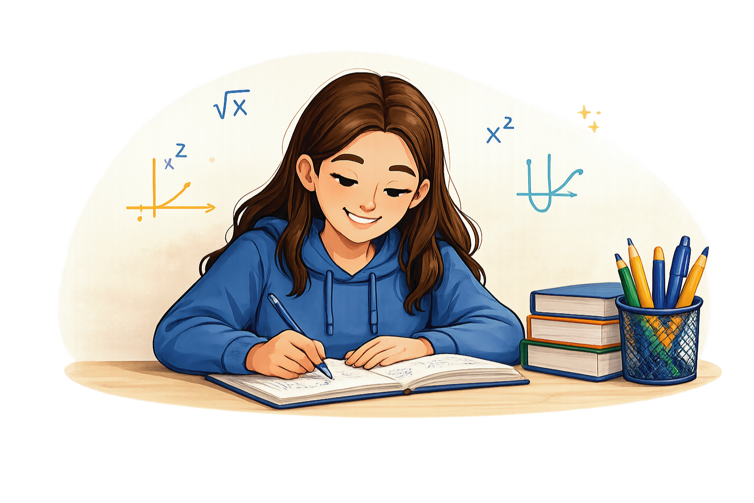 Student studying math with books beside her