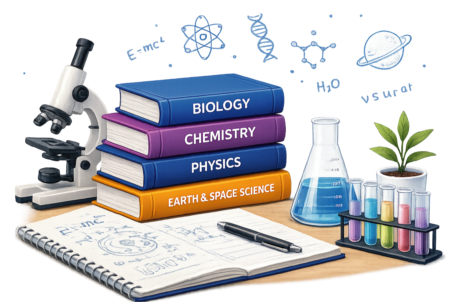 Student studying science with books and science doodles